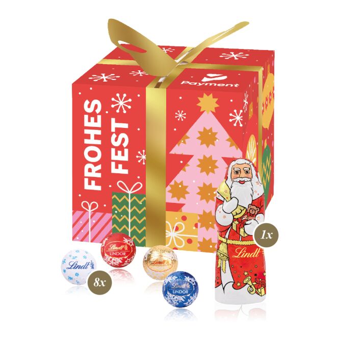Firmengeschenk Lindt Feine Bescherung Minis & Nikolaus – weihnachtlich – mit bedrucktem Etikett 50 g als Weihnachtsgeschenk für Kunden und Partner