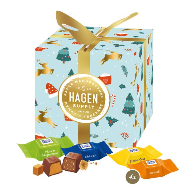 Firmengeschenk Ritter SPORT Schokowürfel – bunt – mit bedrucktem Etikett 32g als Weihnachtsgeschenk für Kunden und Partner