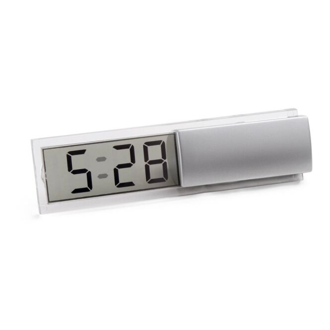 Werbeartikel HENRY digitale Tischuhr mit Logodruck 105x30x27 mm – Satinsilber – LCD Zeitmesser für Schreibtische