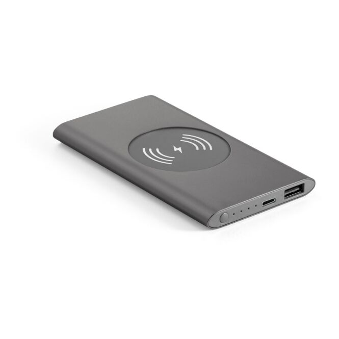 Firmengeschenk Powerbank CASSINI – dunkelgrau – mit Gravur 4.000 mAh 5W Wireless Charger aus recyceltem Aluminium für das Homeoffice