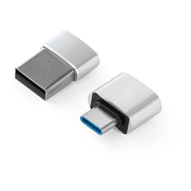 Werbeartikel USB-Adapter-Set Minsky mit Logodruck – Satinsilber – funktionales Computerzubehör für Büro und Konferenz