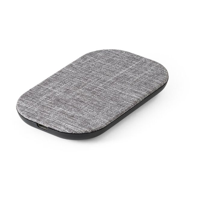 Firmengeschenk RENEWAL Ladegerät mit Logodruck – 10W wireless – Grau – recyceltes Zubehör für Technik am Arbeitsplatz
