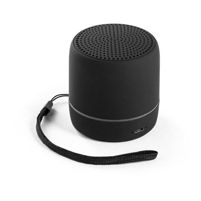 Firmengeschenk Bluetooth Lautsprecher TURING – schwarz – mit Logo bedruckt 3W 400 mAh USB-C nachhaltig für das Mitarbeiter-Onboarding