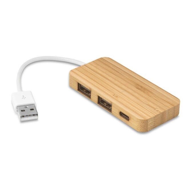 Firmengeschenk USB-Hub Moser mit Logodruck – Natur – 88x40x15 mm aus Bambus für Büro und IT-Ausstattung