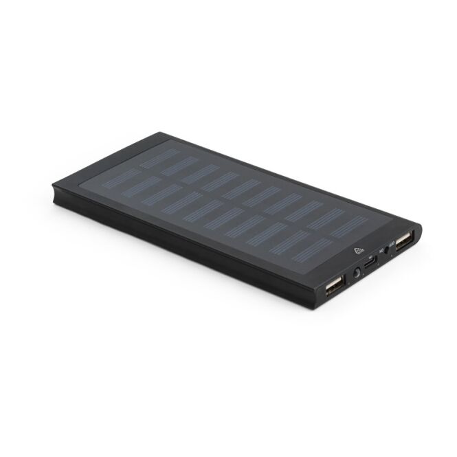 Firmengeschenk Powerbank CLERK – schwarz – mit Gravur 8.000 mAh Solar-Powerbank nachhaltig für das Mitarbeiter-Onboarding