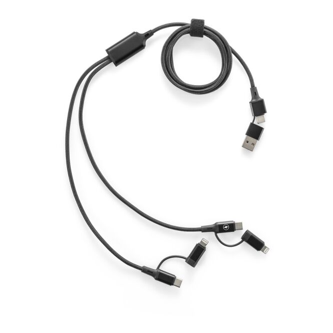 Premium-Werbegeschenk 6-in-1-USB-Kabel Bertozzi mit Gravur – Schwarz – vielseitiges Ladezubehör für Büro und Technik-Events