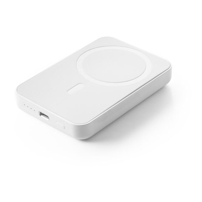 Firmengeschenk Powerbank AMPERE 5 – weiß – mit Logo bedruckt 5.000 mAh 15W Wireless Qi-Standard für das Mitarbeiter-Onboarding