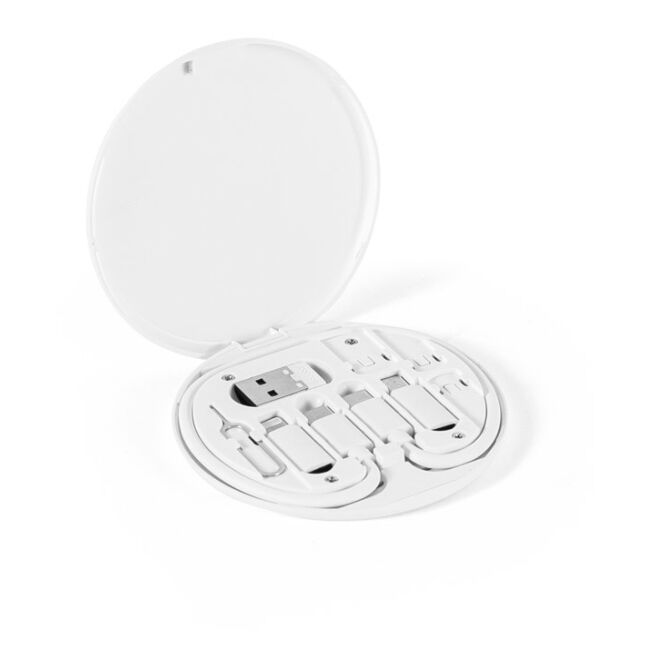 Mitarbeitergeschenk SYSTROM Ladekabel-Set mit Logodruck – Weiß – 6-in-1 Schnelllade-Technik für Büro und Geschäftsreisen