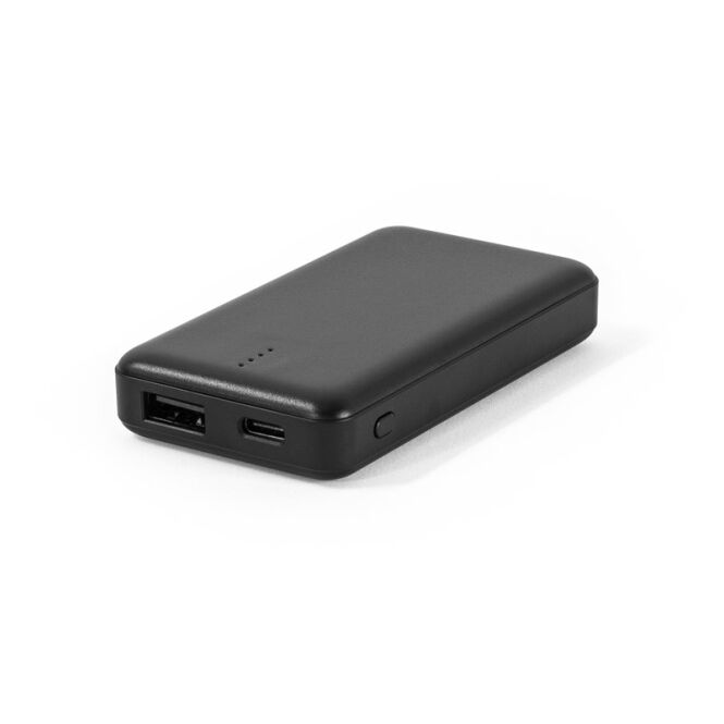 Kundengeschenk Powerbank SHERYL – schwarz – mit Logo bedruckt, nachhaltig, 4.000 mAh, 10W USB-C, 87x48x17mm für das Mitarbeiter-Onboarding