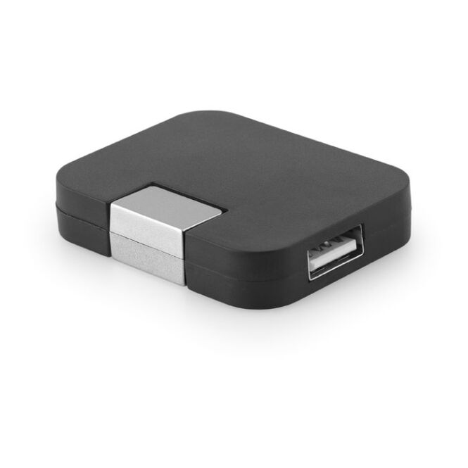Premium-Werbegeschenk JANNES USB-Hub mit Logodruck – Schwarz – kompakter Daten-Verteiler für Büro und Computerzubehör