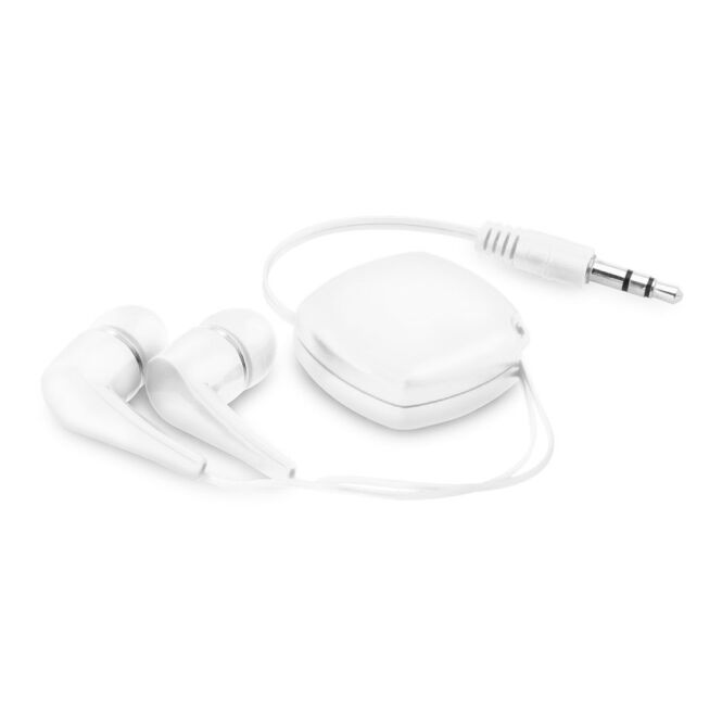 Mitarbeitergeschenk PINEL In-Ear Kopfhörer mit Logodruck – 0,75 m Kabel – Weiß – praktisches Audiozubehör für das Büro