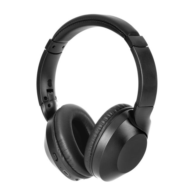 Mitarbeitergeschenk Hendrix faltbare Bluetooth-Kopfhörer mit Logodruck – Schwarz – recycelte Audio-Technik für Firmen und Büros