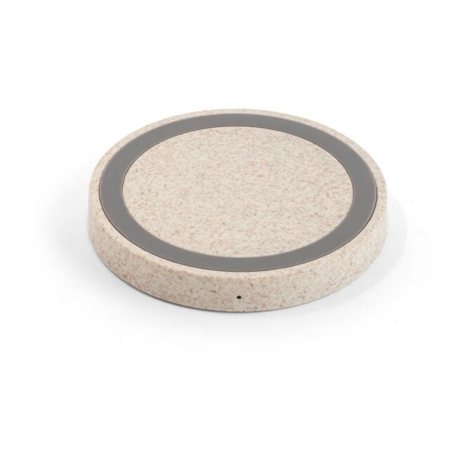 Werbeartikel Wireless Charger CUVIER – natur – mit Logo bedruckt 15W Qi-Standard aus rABS & Weizenstroh Ø70x10mm für den Büroalltag