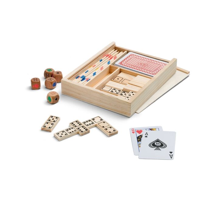 Firmengeschenk 4-in-1 Spielset aus Holz mit Logodruck – Naturhell – hochwertige Gesellschaftsspiele für Kunden und Mitarbeiter