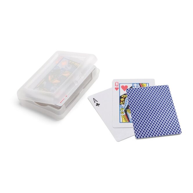 Werbeartikel Kartenspiel JOHAN mit Logodruck – Blau – 100x70x20 mm Kartendeck für Events und Firmen