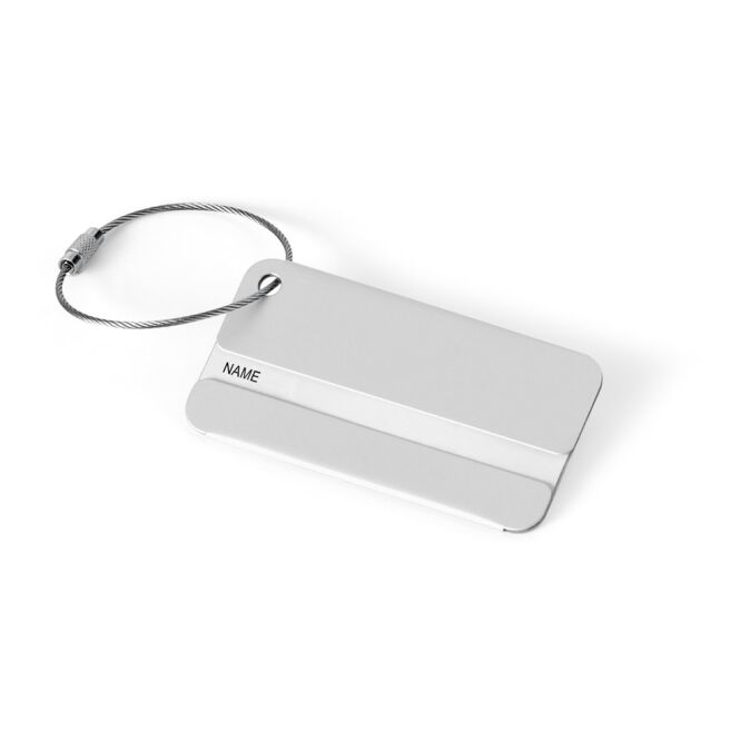 Werbeartikel Kofferanhänger EMIL aus Aluminium mit Gravur – Satinsilber – Reiseaccessoire für Geschäftskunden