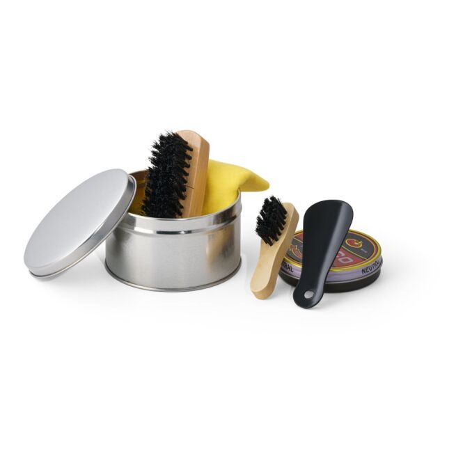 Mitarbeitergeschenk Schuhputz-Set COBB 6-teilig – satinsilber – mit Logo bedruckt, 98x56mm, praktisches Pflege-Set für Geschäftspartner