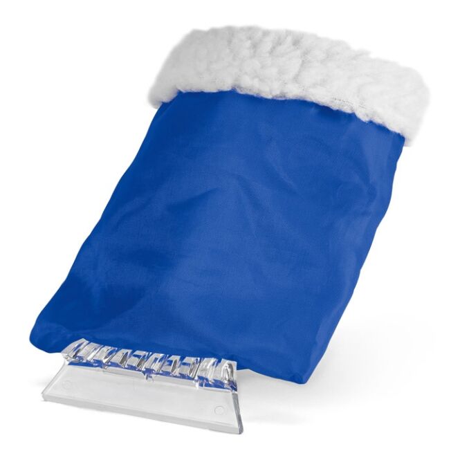 Werbeartikel Eiskratzer SOLDEU mit Handschuh mit Logodruck – Königsblau – frostfestes Winterzubehör für Firmenflotten