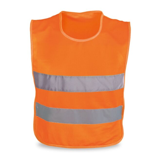 Messeartikel Warnweste MIKE – orange – mit Logo bedruckt EN 17353 370x470mm zertifizierte Sicherheitsweste für Sicherheitsaktionen