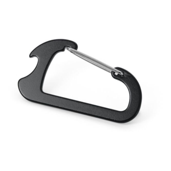 Kundengeschenk Karabiner mit Flaschenöffner CLOSE – schwarz – mit Logo bedruckt aus Aluminium 79x44x8mm für den Firmen-Schlüsselbund