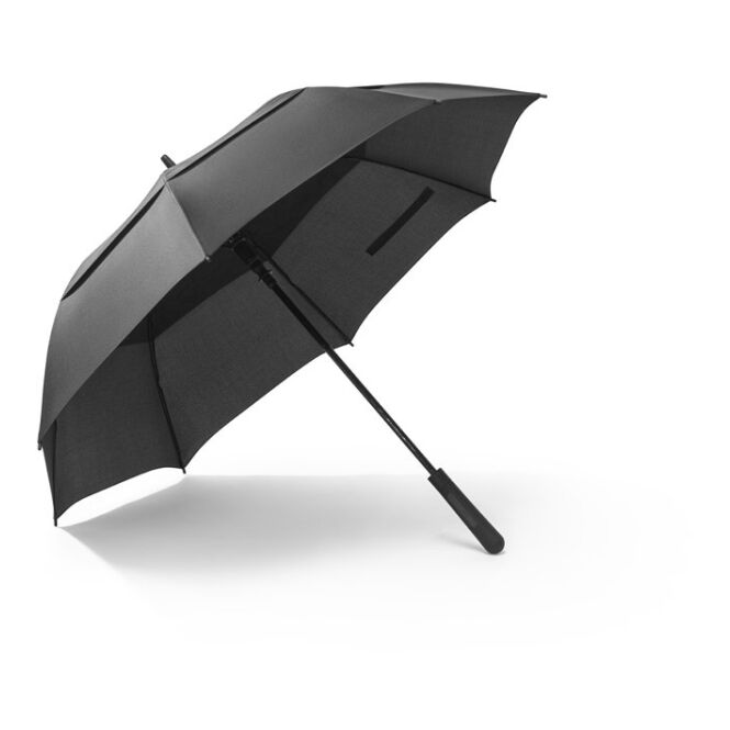 Werbeartikel Regenschirm Gavin 27.5 Zoll mit Logodruck – Schwarz – windfester Automatikschirm für Firmen
