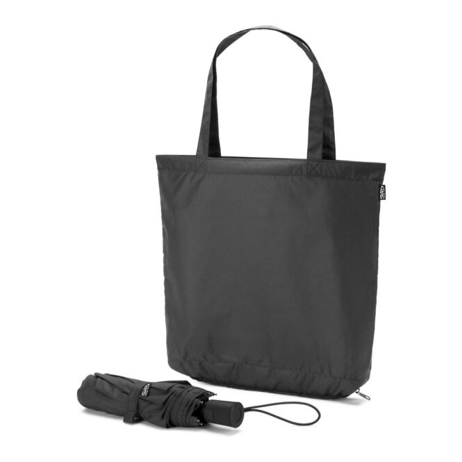 Werbeartikel Skylar 2-in-1-Regenschirm mit Einkaufstasche mit Logodruck – Schwarz – windfester Taschenschirm aus rPET für Firmen