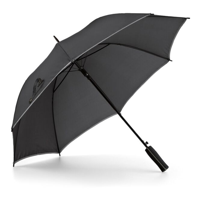 Werbeartikel Automatik-Regenschirm Jenna mit Logodruck – Satinsilber – wetterfester Golfschirm mit Automatik für Unternehmen
