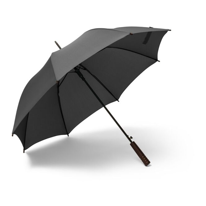 Werbeartikel Regenschirm Apolo mit Logodruck – Schwarz – automatischer Regenschirm aus rPET für Firmen