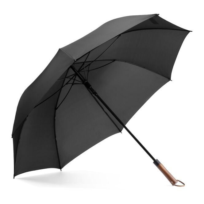 Werbeartikel Regenschirm Mateo mit Logodruck – Schwarz – windfester Automatikschirm für Firmen und Messen