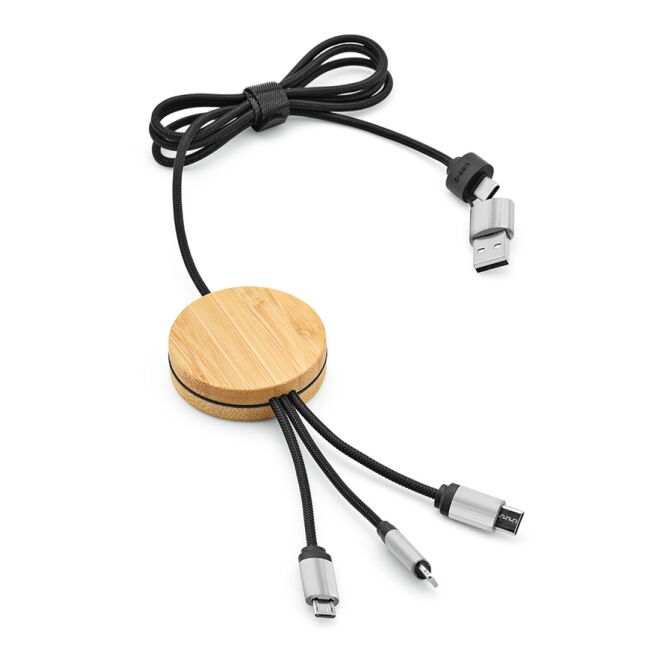 Premium-Werbeartikel 5-in-1 Multikabel Feynman – schwarz – lasergraviert 15W Schnellladefunktion Bambus rPET nachhaltig für den Büroalltag