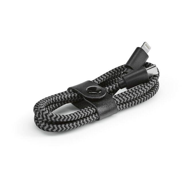 Firmengeschenk Ramanujan Ladekabel rPET mit Logodruck – Schwarz – 1 m Schnellladekabel USB-C auf Lightning für Büro und geschäftliche Zwecke