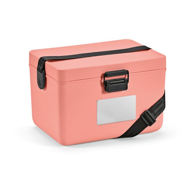 Firmengeschenk Bangkok 12l Kühlbox aus recyceltem Kunststoff mit Logodruck – Lachs – robuste Kühltasche für Kundenevents und Büro