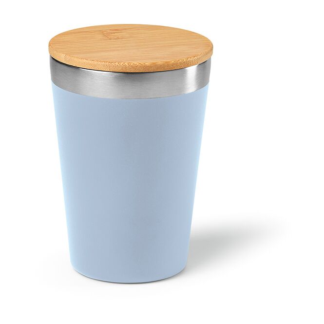 Werbeartikel Thermobecher Don – mattblau – mit Logo bedruckt 400 ml nachhaltig aus recyceltem Edelstahl für das Büro