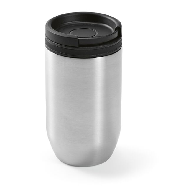 Firmengeschenk Okavango Reisebecher aus recyceltem Edelstahl mit Gravur – Schwarz – doppelwandiger Isolierbecher für Büro und Außendienst
