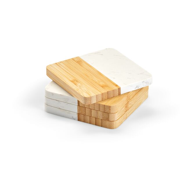Firmengeschenk Untersetzer Kahlo – beige – mit Logodruck 10x10x2,8cm aus nachhaltigem Bambus als schützender Coaster für Geschäftspartner