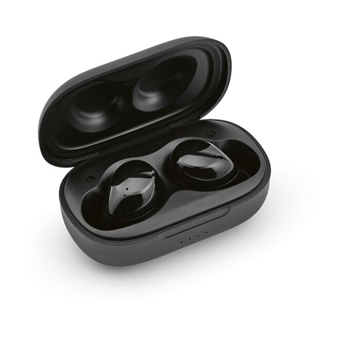 Mitarbeitergeschenk Pasteur Ohrhörer aus rABS mit Logodruck – Schwarz – 5h Laufzeit kabelloses Headset für Büro und Business