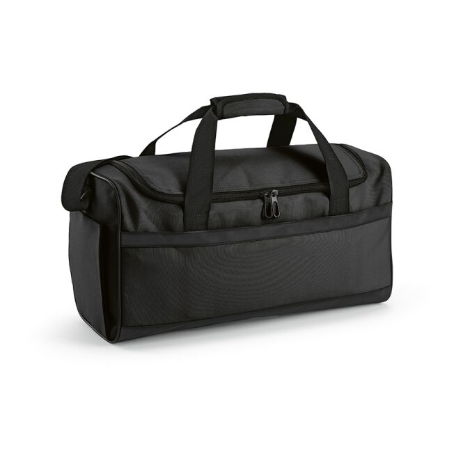 Mitarbeitergeschenk Sporttasche São Paulo 25L mit Logodruck – Schwarz – wasserabweisende Trainingstasche aus rPET für Firmenevents
