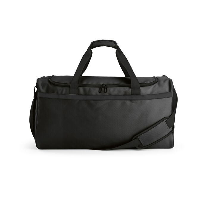 Werbeartikel Sporttasche Sao Paulo L mit Logodruck – Schwarz – geräumige 50 L Reisetasche aus recyceltem rPET für den professionellen Einsatz