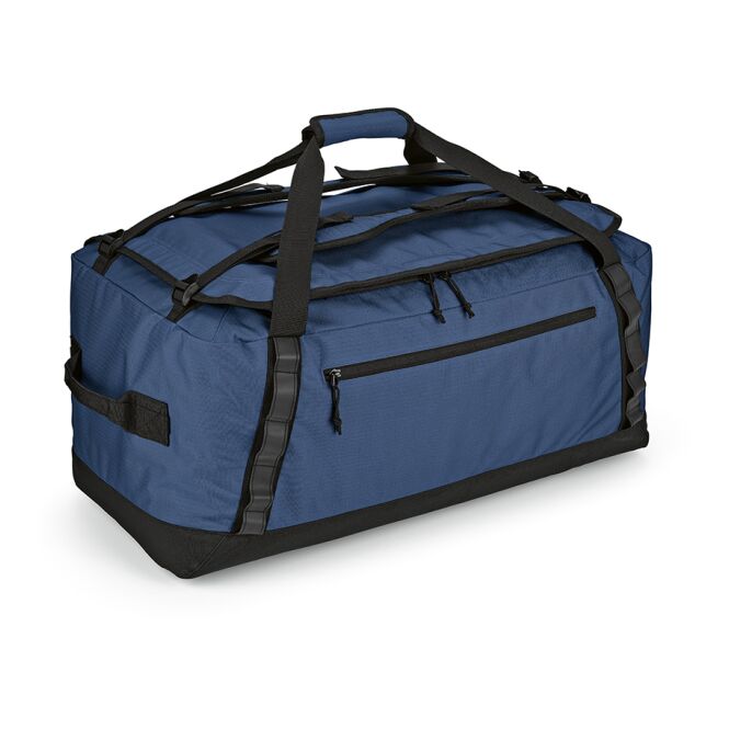 Mitarbeitergeschenk Sporttasche São Paulo XL 75L – transparent blau – mit Logodruck 100% rPET-Ripstop reflektierend nachhaltige Reisetasche