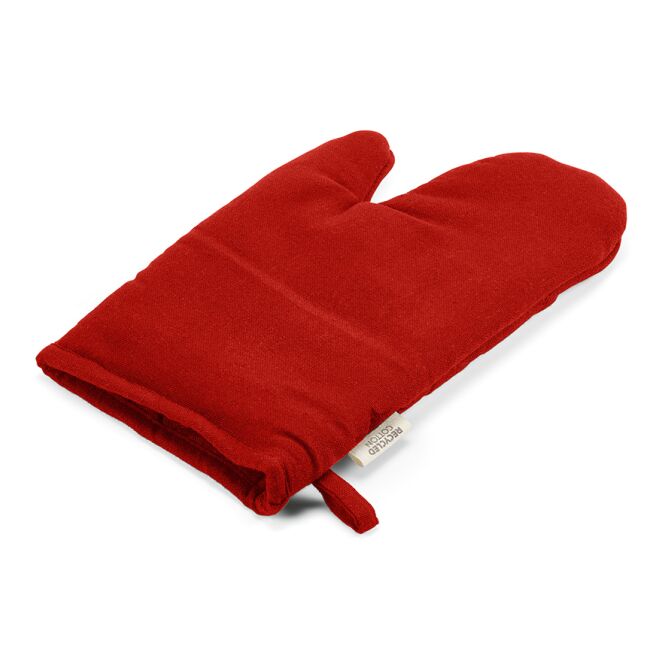 Firmengeschenk Küchenhandschuh Titian – rot – mit Logodruck 220g/m² recycelte Baumwolle, perfekter textiler Hitzeschutz für Events