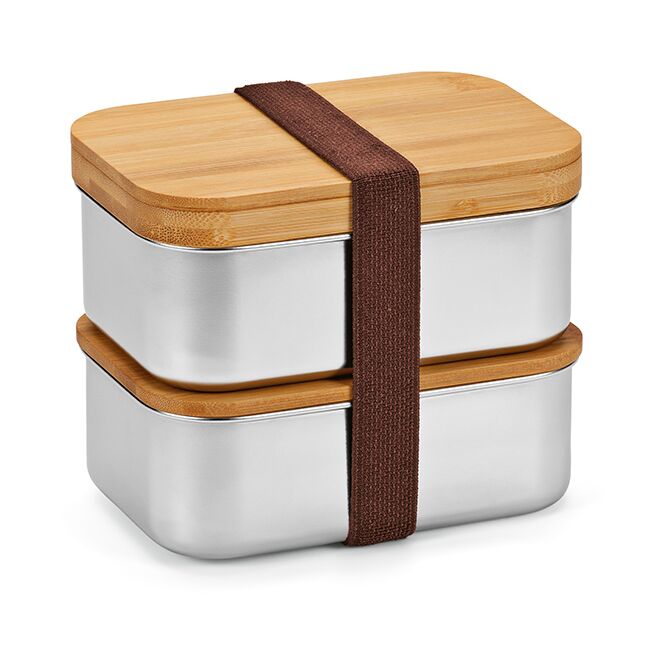 Firmengeschenk Vermeer Lunchbox mit Lasergravur – Silber – nachhaltige Edelstahl-Dose mit Bambusdeckel und Besteck für Büro und Catering