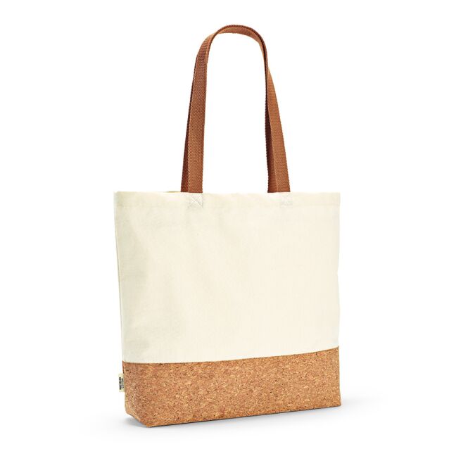 Werbeartikel Vinson Einkaufstasche mit Logodruck – Beige – 46x38x10 cm Tragetasche aus recycelter Baumwolle und Kork für Firmen und Events