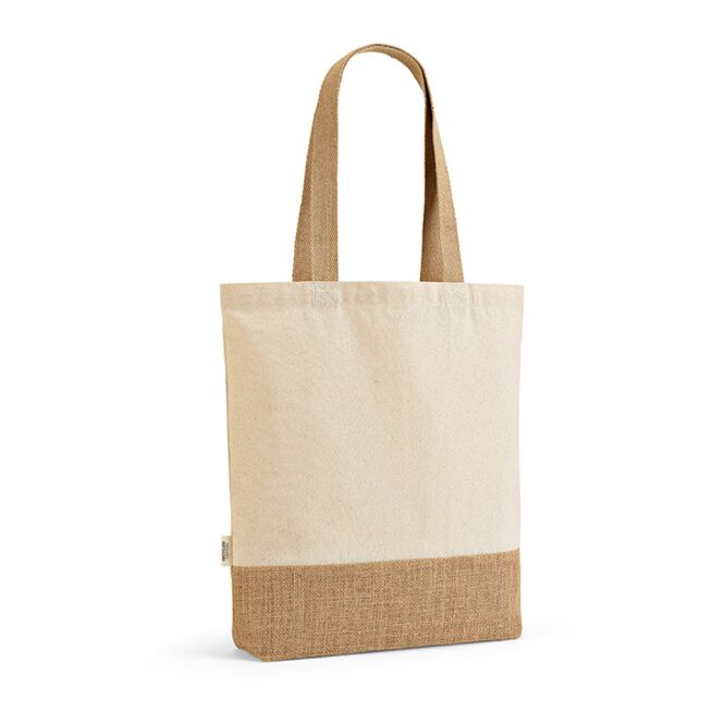 Werbeartikel Puncak Tragetasche mit Logodruck – Beige – 38x40x8 cm nachhaltige Einkaufstasche für Unternehmen aus recycelter Baumwolle und Jute