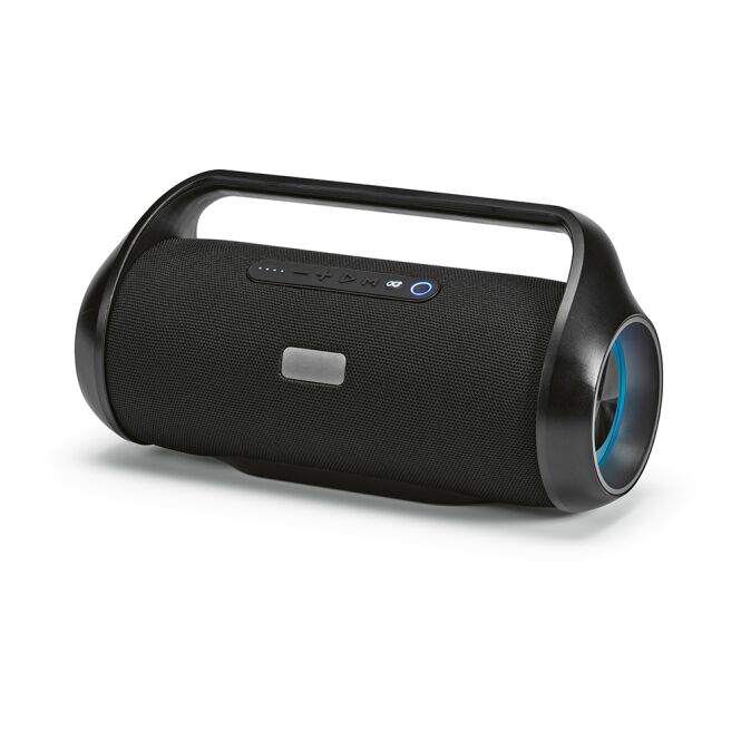 Firmengeschenk Bluetooth Lautsprecher Newton – schwarz – mit Logo bedruckt nachhaltig 40W 6000mAh TWS USB-C für Mitarbeiter-Onboarding