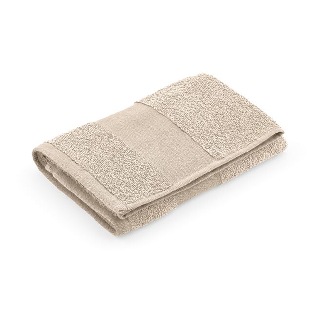 Werbeartikel Donatello M Handtuch mit Logostick aus recycelter Baumwolle – Beige – nachhaltiger Komfort für Firmen und Events