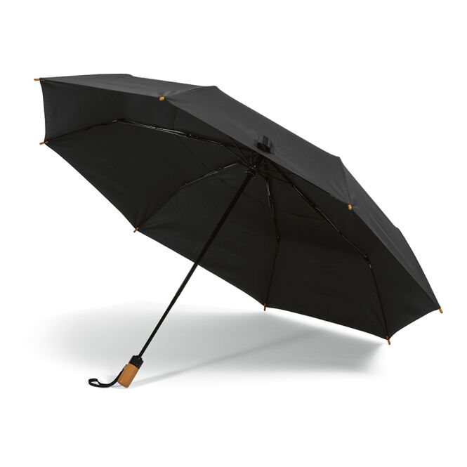 Werbeartikel Jackson 27 Zoll Taschenschirm aus rPET mit Logodruck – Schwarz – sturmfester Regenschirm für Firmen