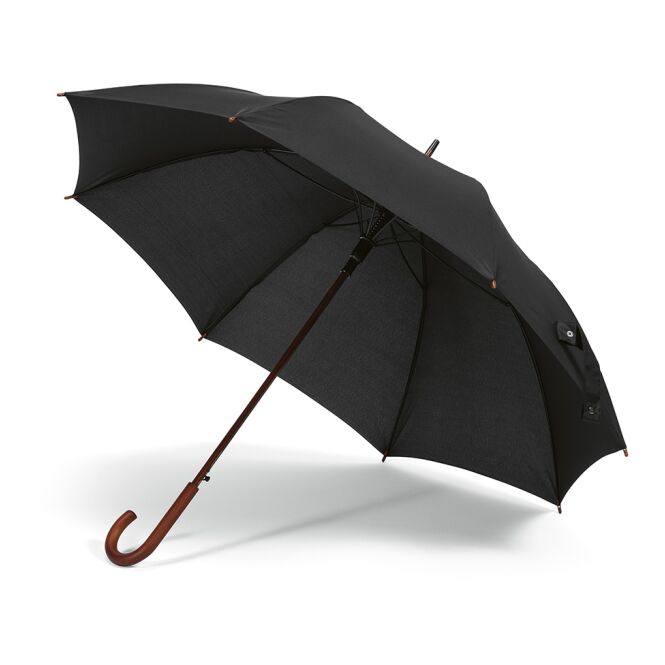 Firmengeschenk Automatikschirm Bach – schwarz – mit individuellem Logodruck sturmfest mit Windproof-System Ø 68cm für Geschäftspartner