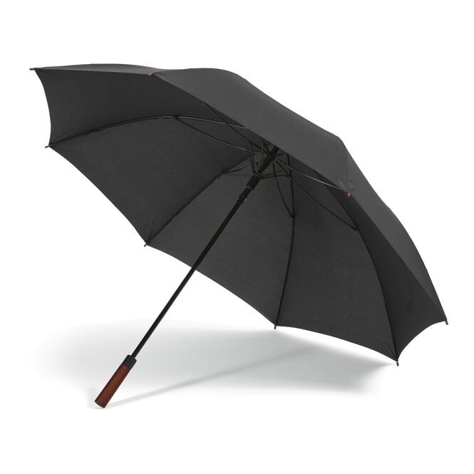 Werbeartikel Aretha 32 Zoll Regenschirm mit Logodruck – Schwarz – winddichter Automatikschirm für Firmen