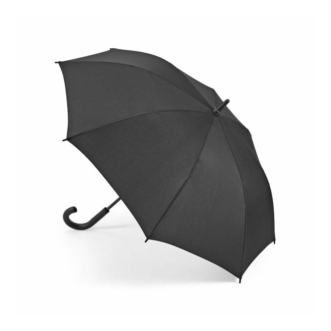 Firmengeschenk Automatikschirm Lennon – schwarz – mit individuellem Logodruck sturmfest mit Windproof-System 23" als Messe-Giveaway