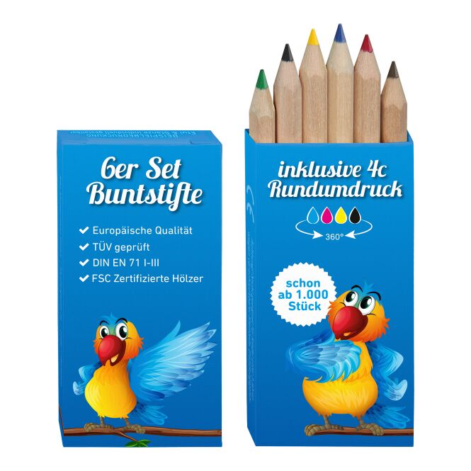 Werbeartikel 6er Set Buntstifte mit Logodruck – FSC zertifizierte Farbstifte aus Holz – Malstifte für Messen und Büro